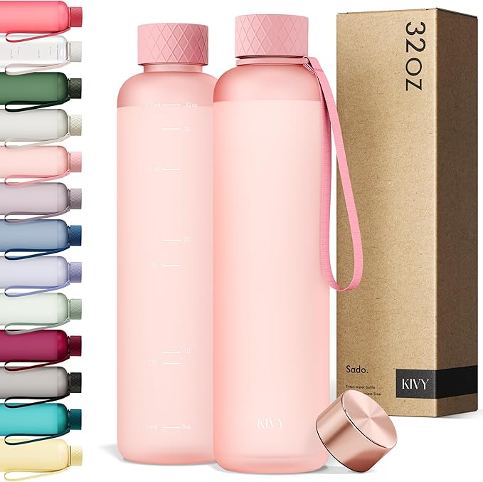 KIVY Slim Water Bottle 32oz [Lightweight & Shatterproof] Fits Backpack & Cupholder for Travel, Sports, School, Gym - Rose gold, Pink bottle no straw - Gym water bottle for women - Dishwasher Safe