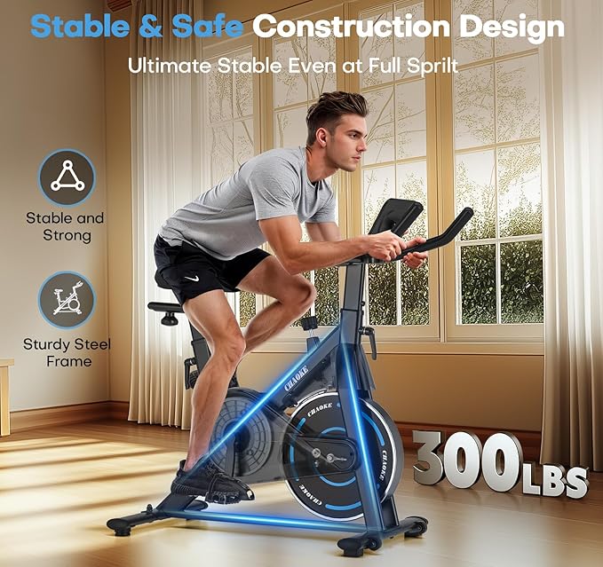 Exercise Bike, CHAOKE Quiet Magnetic Resistance 300LB Capacity Stationary Bike for Home with App Compatible, Indoor Bike with Comfortable Seat and Digital Display