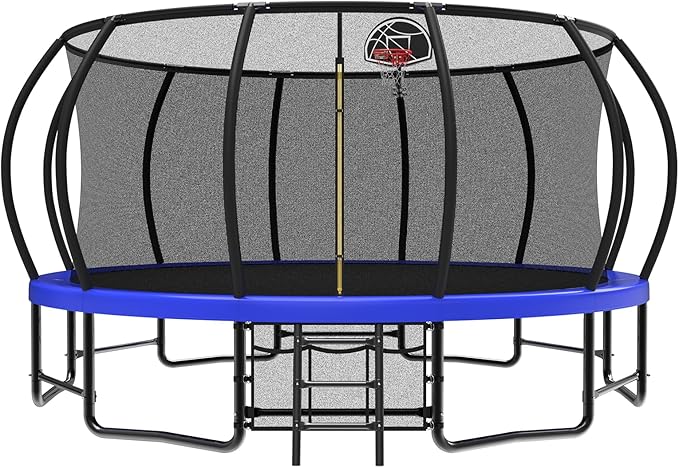 10 12 14 15 16FT Outdoor Trampolines for Kids and Adults, Pumpkin Trampoline with Curved Poles, Recreational Trampoline with Basketball Hoop and Safety Enclosure Net for Kids and Adults