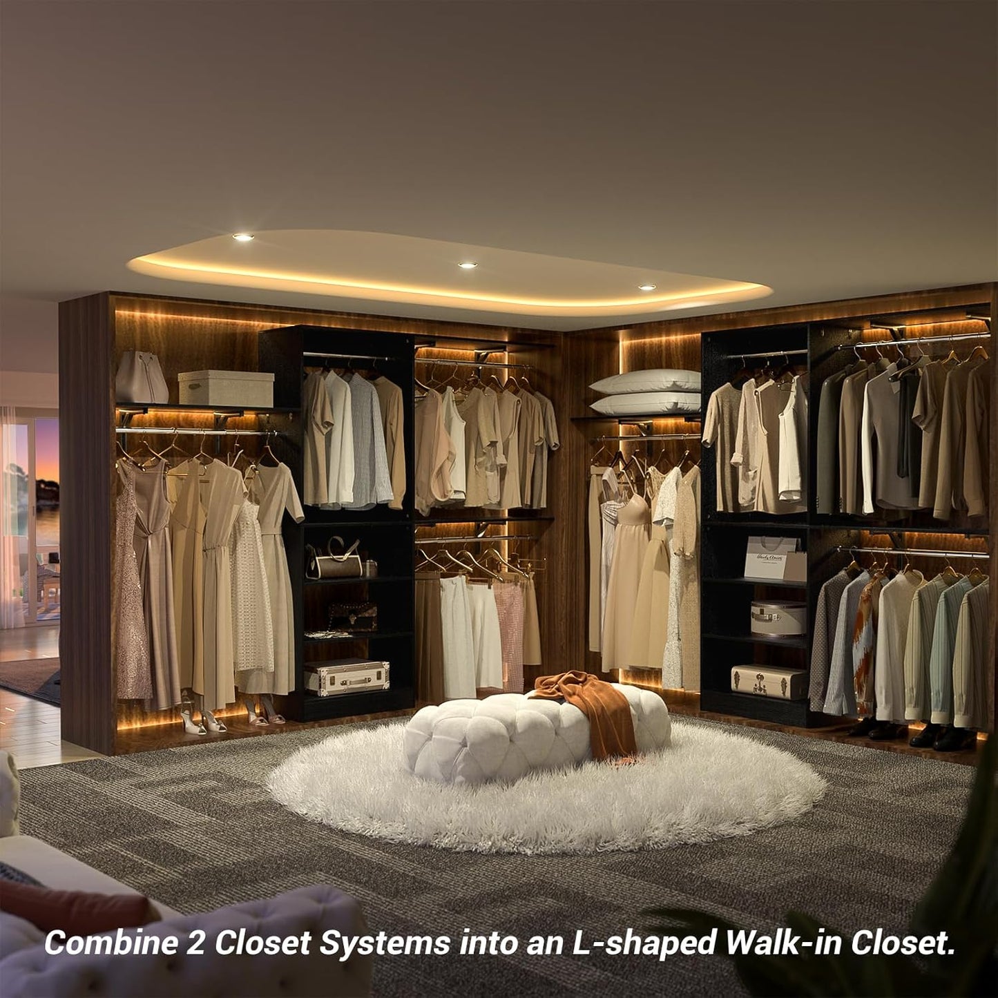 8FT Closet System with Shelves, 96'' Closet Organizer System with 3 Hanging Rods, Wall Mount Bedroom Wardrobe Walk-in Closet, Adjustable Cloth Garment Rack from 5 to 8FT (Cut to Fit), Black