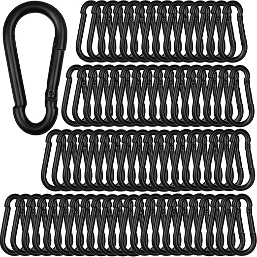 100Pcs 2.36" Spring Snap Hook Carabiners, M6 Galvanized Steel Black Small Carabiner Clip, Keychain Clip, Quick Link Key Chain for Hammock Swing Set Outdoor Travel, Camping, Fishing, Hiking
