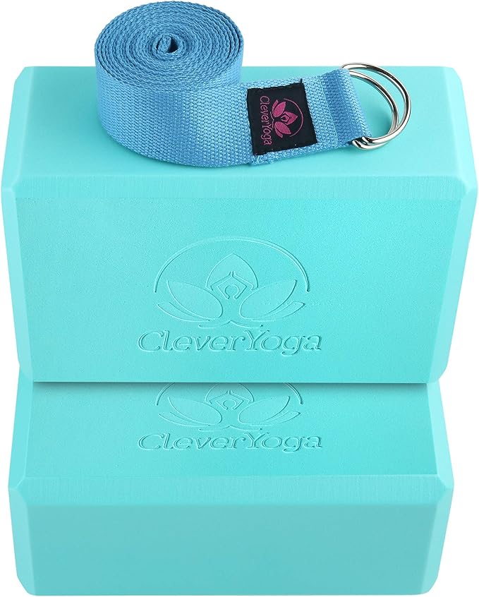 Clever Yoga Blocks 2 Pack with Strap - Extra Light Weight Sweat Repelling Foam Yoga Block Set with Cotton 8ft Yoga Stretch Strap - Yoga Block and Strap Set Kit for Beginner to Pro - Exercise
