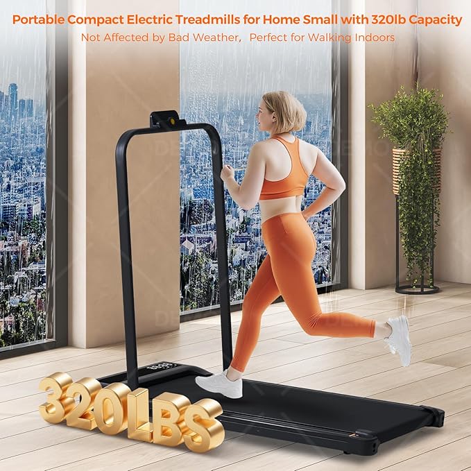 Portable Compact Treadmill with Handles for Home Small Spaces, Foldable Folding Walking Pad Treadmill with Handle Bar, 3.0HP Electric Walking Pads Treadmills Home with 320LB Capacity, LED Display