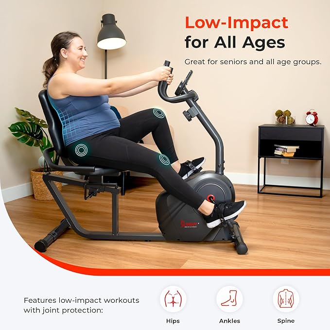 Sunny Health & Fitness Smart Heavy-Duty Recumbent Bike w/Wide Cushioned Seat & Back, Indoor Cycling Machine for Adult/Seniors Home Exercise, Free SunnyFit App Connect, Optional Workout Training Bands