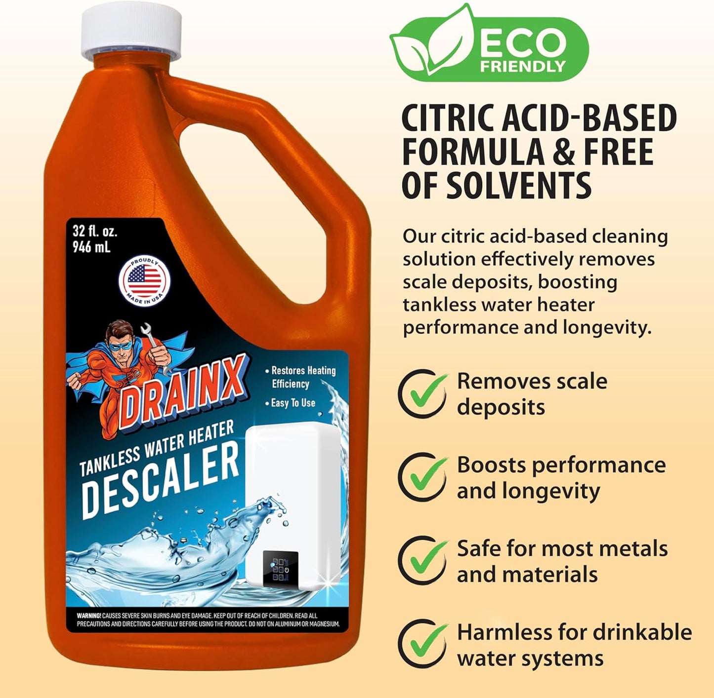 DrainX Tankless Water Heater Flushing Kit Includes Submersible Pump, Hoses, Liquid Descaler Solution, and Measuring Bucket