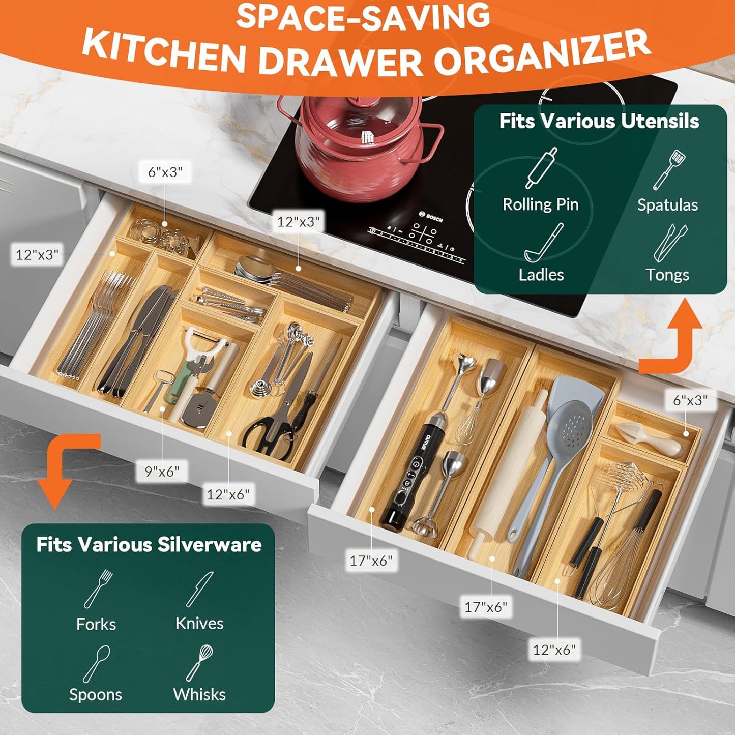 Bamboo Drawer Organizer – Set of 2 Stackable Storage Boxes, Silverware Tray & Small Gadget Holder for Kitchen Drawers, 9" x 3" x 2" (Outer), 8.3" x 2.3" x 1.77" (Inner)