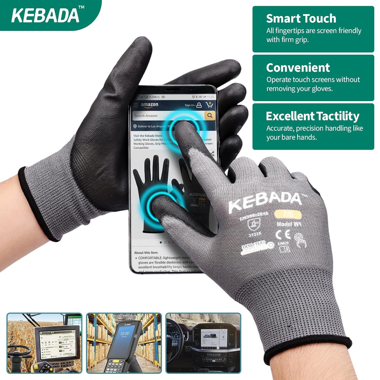 Kebada W1 Work Gloves for Men and Women, PU Coated Safety Gloves with Grip, Touchscreen, Ideal for Warehouse Package Handling, Construction, Gardening, 12 Pairs, Gray X-Small