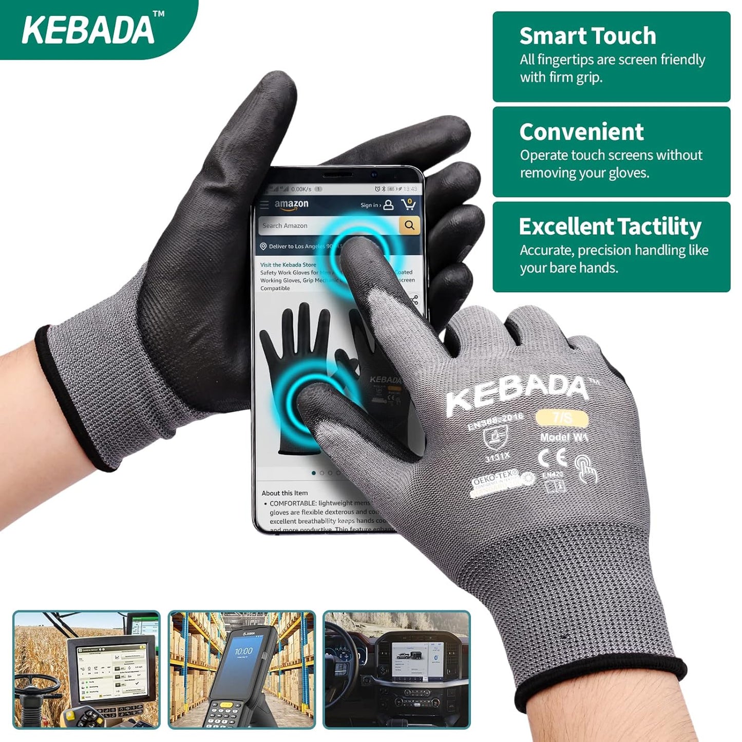 Kebada W1 Work Gloves for Men and Women, Touchscreen PU Coated Gloves with Grip, 50 Pairs Bulk Pack, Ideal for Warehouse Package Handling, Construction, Gardening, Gray X-Small