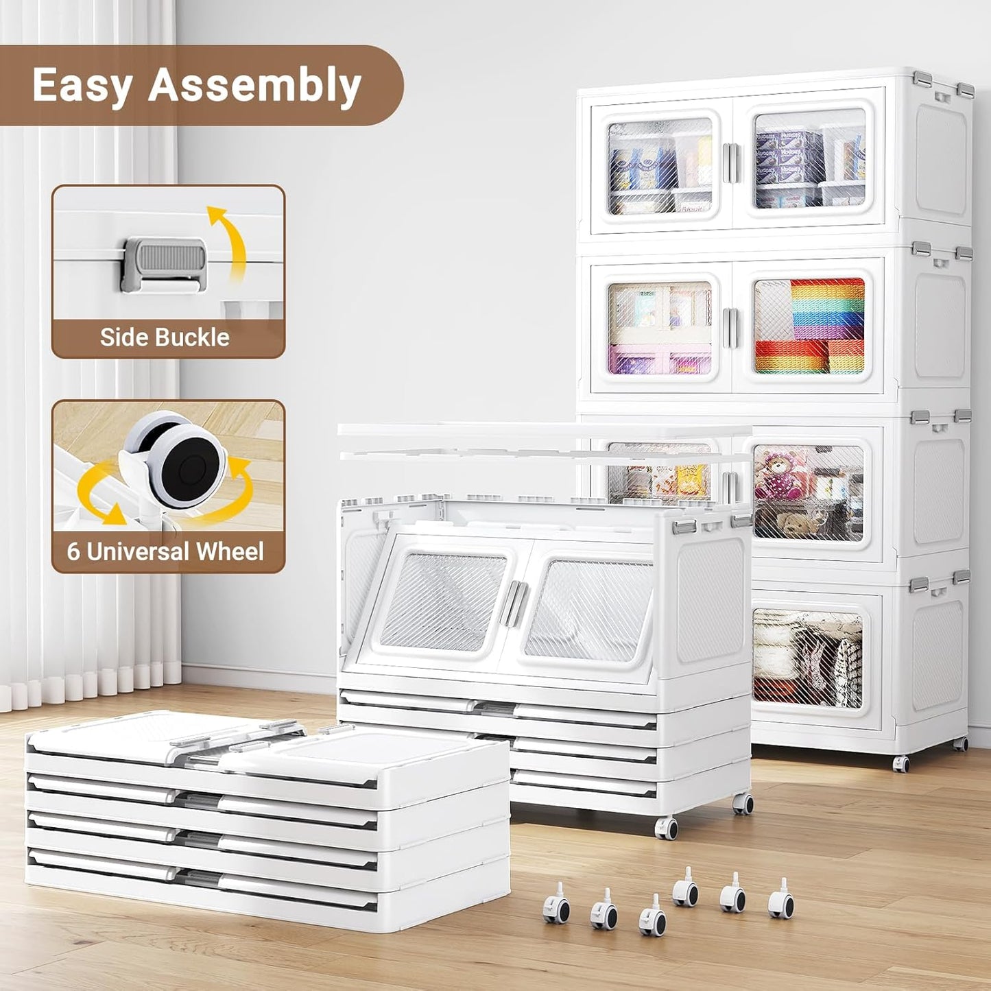 BROVIEW 900 Qt Stackable Storage Bin with Lid, 225Gal Extra Large Collapsible Storage Boxes, Folding Plastic Drawer, Heavy-Duty Store Cabinet, Closet Organizer for Home Kitchen, 3 Pack White
