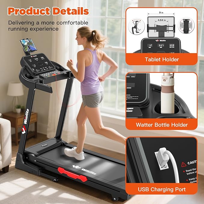 Treadmills for Home, Folding Treadmill with Auto Incline, 300 LBS Capacity, 8MPH or 10MPH Max Speed, Double Deck Shock-Absorbing Running Machine with Bluetooth, App, 64 Programs, Pulse Monitor
