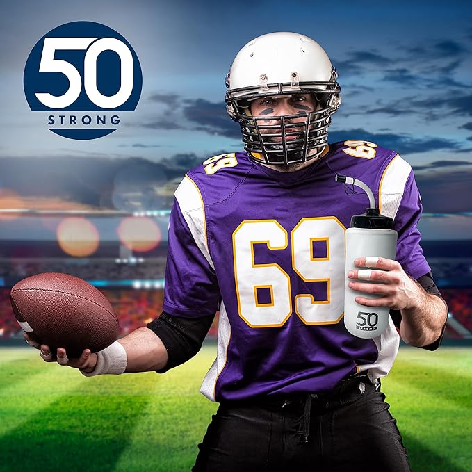 50 Strong 1 Liter Water Bottle with Straw – 18-Pack Easy-Squeeze Sports Bottles with Long Straw & Built-In Finger Grip – BPA-Free & Made in USA – Ideal for Hockey & Team Sports