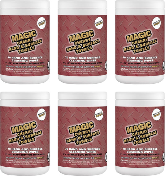 Magic Cherry Scented Heavy Duty Cleaning Wipes - Dual Sided Hand & Surface Shop Towels | Professional-grade Cleaning | Waterless | Cleans Grease, Oil, Dirt, & more (6 Pack | 420 Sheets Total)