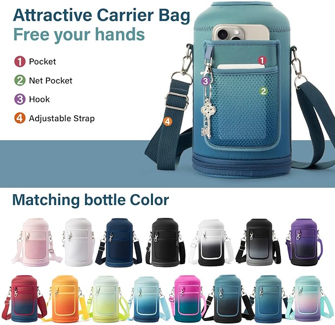 Insulated Water Bottle | Thickened Stainless Steel Vacuum Metal | Portable Sports Half Gallon Large Water Jug for Gym and Hiking with Straw, Carrier Bag, Handle Strap | BPA-Free 64 oz