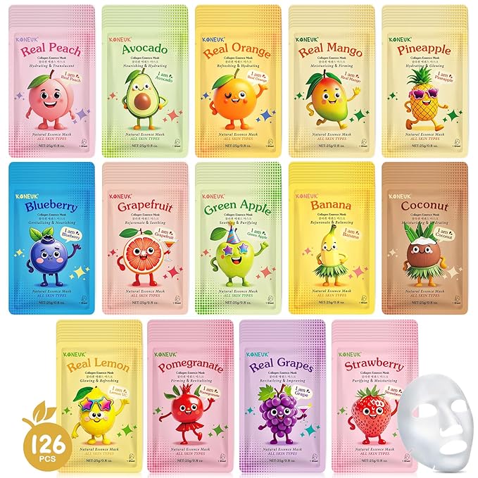 126 Pack Sheet Hydrating Face Masks Skincare for Women, Bulk Fruit Face Mask Skin Care for Kids, Facial Masks Set for All Skin Types, Christmas Birthday Gifts, Spa Party Supplies for Girls Teens