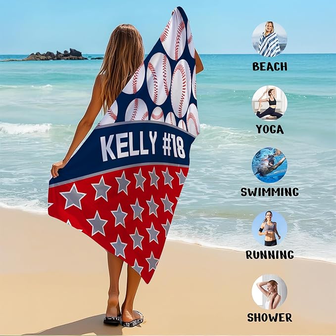 Personalized Beach Towel With Name, Custom Beach Towel with Text, Customized Microfiber Pool Towel, Quick Dry & Absorbent Swim Towel for Adult,Anniversary, Birthday, Summer Holiday,Vacation,Baseball