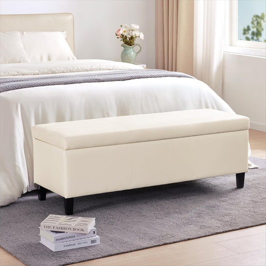 HUIMO Faux Leather Storage Ottoman Bench 50.3 inch Extra Long Upholstered Bedroom Bench with Large Storage Space for The Living Room, Entryway, Bedroom Hold Up to 300lbs (Cream)