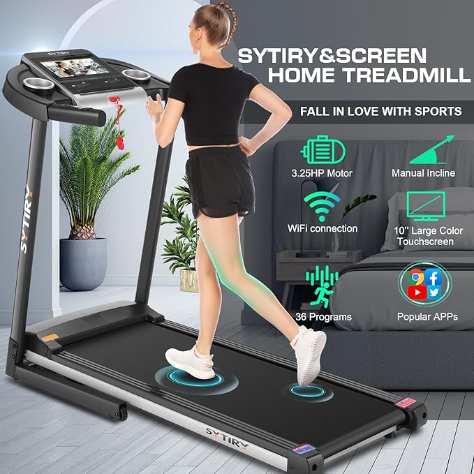 SYTIRY Treadmills for Home with TV Screen and WiFi,Smart Foldable Treadmill Machine,3D Virtual Sports Scene,HiFi Speakers,Popular APP for Social Networking,Video,and Search,Walking Treadmill