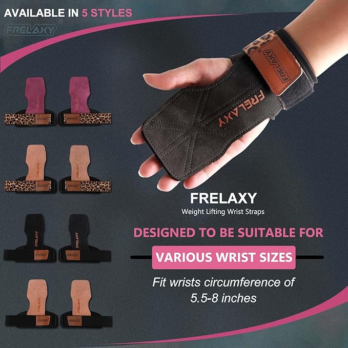 Frelaxy Lifting Wrist Straps Women and Men, Weight Lifting Grips with Cushion Wrist Loop, Double Layer Leather and Storage Pouch, Gym Workout Straps for Deadlift and Powerlifting