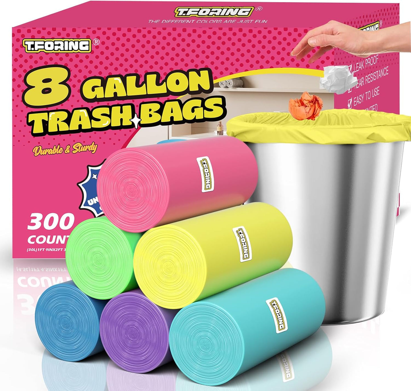 300 Count 8 Gallon Trash Bags - Heavy Duty Medium Garbage Bags 30 Liter Unscented 0.94 Mil Thick & Leakproof Wastebasket Liners for Kitchen Bathroom Home