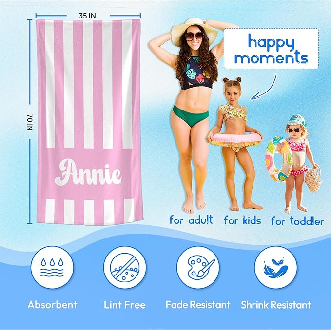 JML Personalized Beach Towel with Name, Custom Cabana Stripe Beach Towel, Customized Microfiber Pool Towel, Quick Dry & Absorbent Swim Towel for Adult,Mother's Day, Birthday, Summer Holiday,Vacation