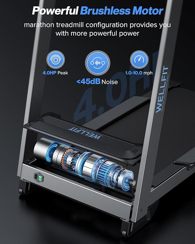 WELLFIT Treadmill for Home, 2 Level Incline Heavyduty Treadmill with Pulse Sensor, 4.0 HP, 1.0-10.0 MPH, 450/360 lbs Capacity, Large Running Area Treadmills with Bluetooth Player & LED Display