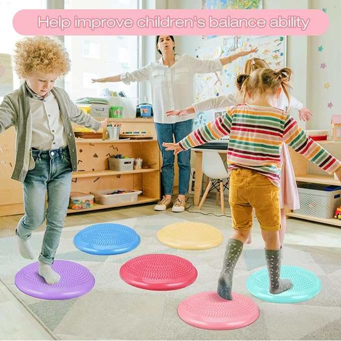 Amylove 6 Pcs Inflated Wobble Cushion Pump Wiggle Seat for Sensory Kids Flexible Seating Exercise Balance Disc Sensory Chair for Office School Home Equipment, Pump Included