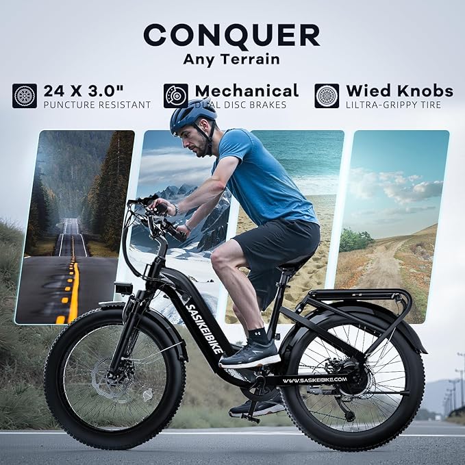 1500W Motor Peak Electric Bike for Adults and Teenagers, 48V 20AH Removable Battery Step Thru EBike, 30+MPH, 80 Miles Max Range, 24" Fat Tire Adult Electric Bicycles for 7 Speed