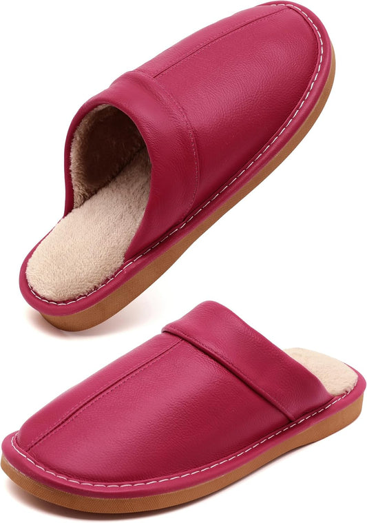 Slippers for Women Men, Genuine Leather Slippers Indoor Outdoor, Fuzzy Bedroom House Shoes for Women Men, Plush Lining Womens Sandals Slip-on