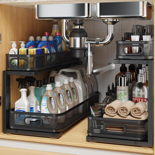 2 Pack 21.3IN-Depth Under Sink Organizer with Smooth Cylindrical Rail,2-Tier Pull Out Multi-Purpose Cabinet Storage for Bathroom&Kitchen,Height Adjustable,Rust-Resistant Coating-Black