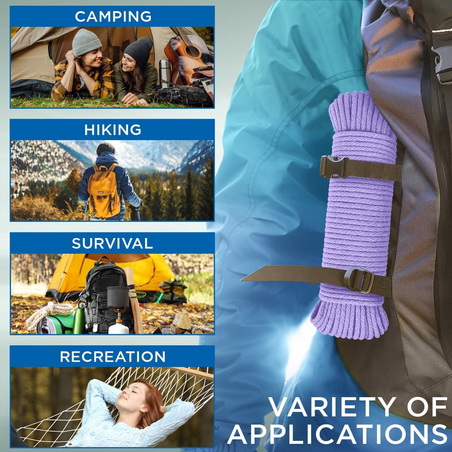 TECEUM Cotton Rope 3/16” (5 mm) – 100 FT – Strong All-Purpose Braided Rope – Natural Cotton – for Crafting, Сamping, Clothes Line, DIY, Indoor & Outdoor Use – Lavander