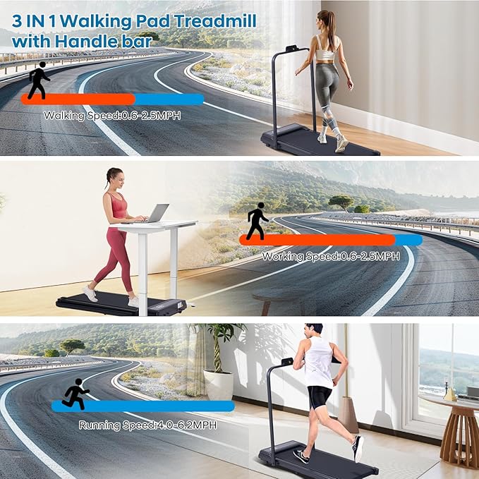 Treadmill with Handles, Folding Foldable Electric Treadmills for Home Small, 3.0HP Walking Pad Treadmills with Handle Bar, 3 in 1 Under Desk Treadmill with Remote Control, LED Display, 300LBS Capacity