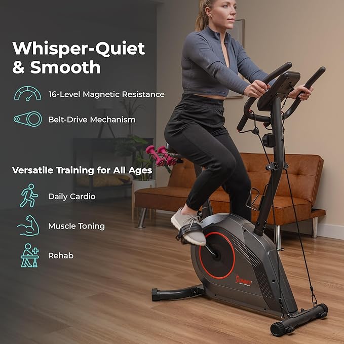 Sunny Health & Fitness Smart Stationary Exercise Upright Bike w/Pulse Sensor & 4-Way Adjustable Seat, Cycling Machine for Home Cardio Training, Free SunnyFit App Connection, Optional Resistance Band
