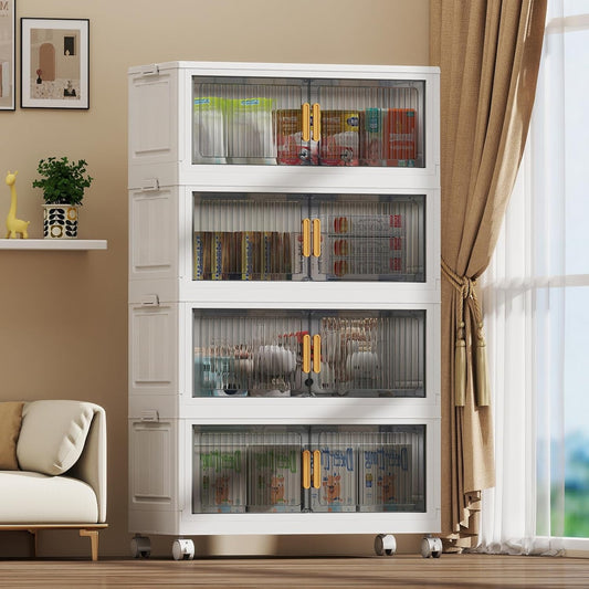 80Gal Stackable Plastic Storage Bins with Lids, Collapsible Closet Organizers and Storage with Wheels for Living Room,Office,Dorm 26.8" W x 14.4" D x 48.6" H, 4 Tier