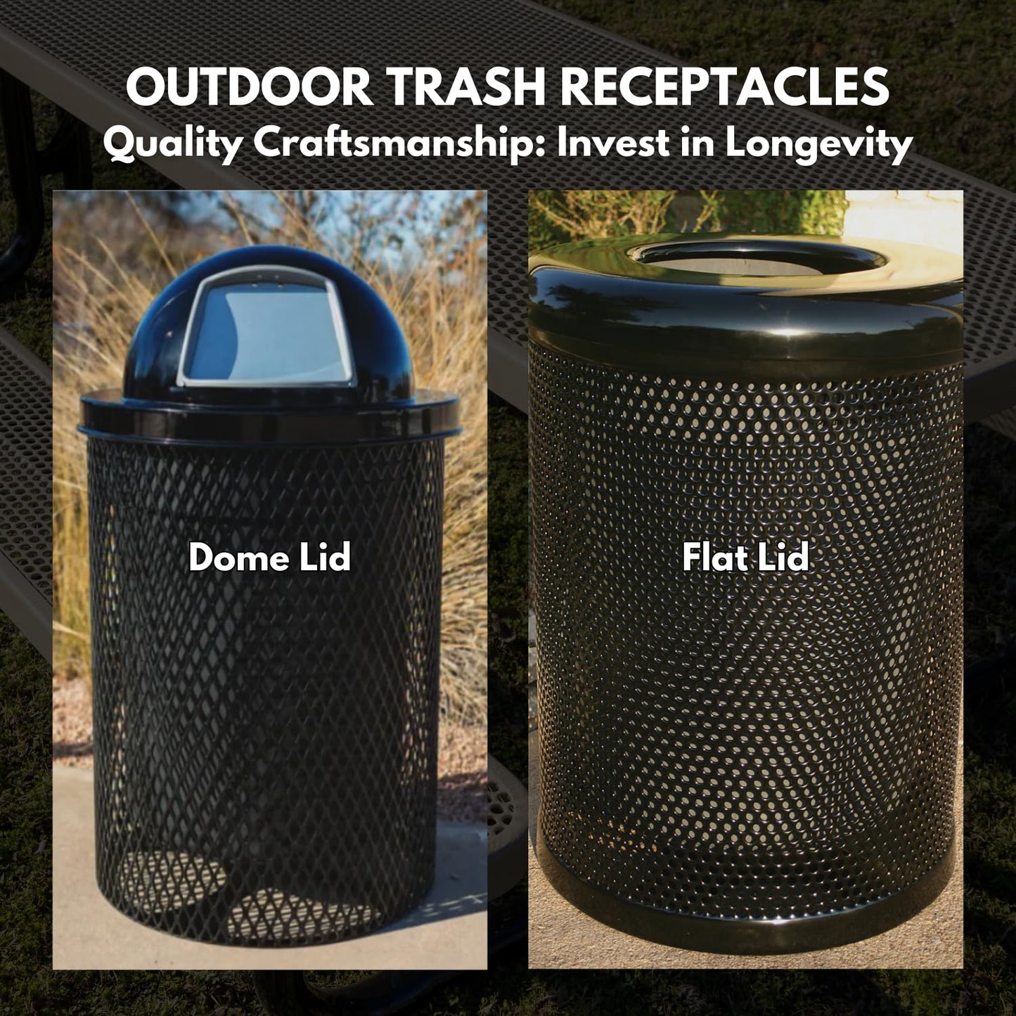 COATEDOUTDOORFURNITURE RFT-P-TXTRED Heavy Duty Round Trash Receptacle with Flat Top, Liner Included, 32 Gallon, Textured Red, Made in America