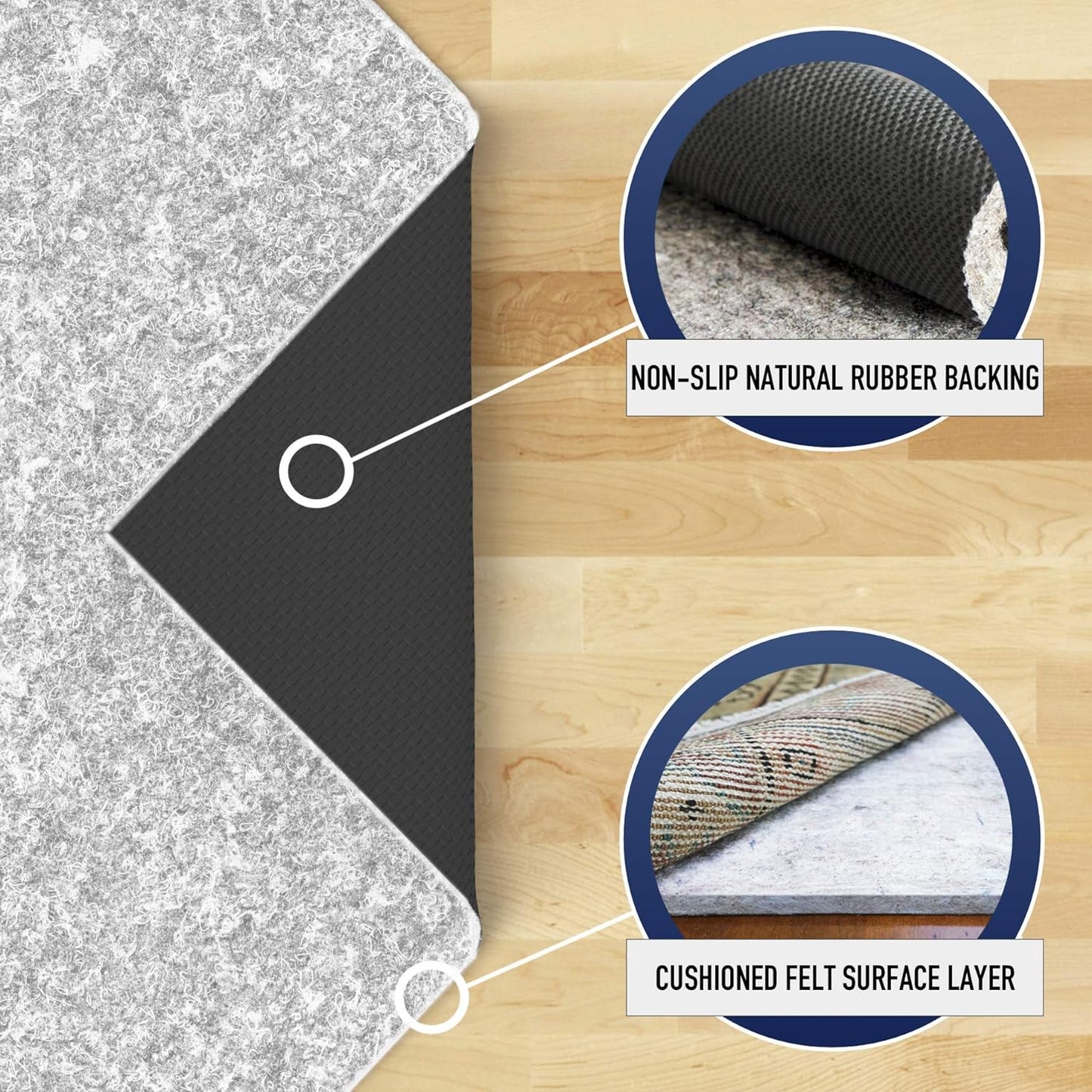 RUGPADUSA - Dual Surface - 5' Round - 1/4" Thick - Felt + Rubber - Non-Slip Backing Rug Pad - Safe for All Floors