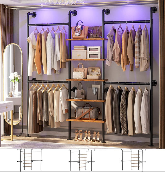 Aheaplus Industrial Pipe Clothing Rack, Reversible 6.42FT Clothes Rack for Hanging Clothes, Heavy Duty 5-Tier Closet Wardrobe Garment Racks with Shelves, Corner Closet Organizer System, Rustic Brown