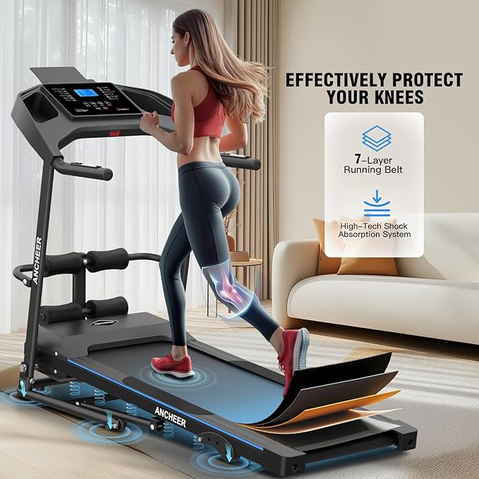 ANCHEER Foldable Treadmill with Sit Up Bench, 2025 Upgrade 3.5HP Portable Treadmills for Home with Incline 350 lbs Capacity, Smart LCD Display Body Fat& Heart Rate, Multifunction Exercise Equipment