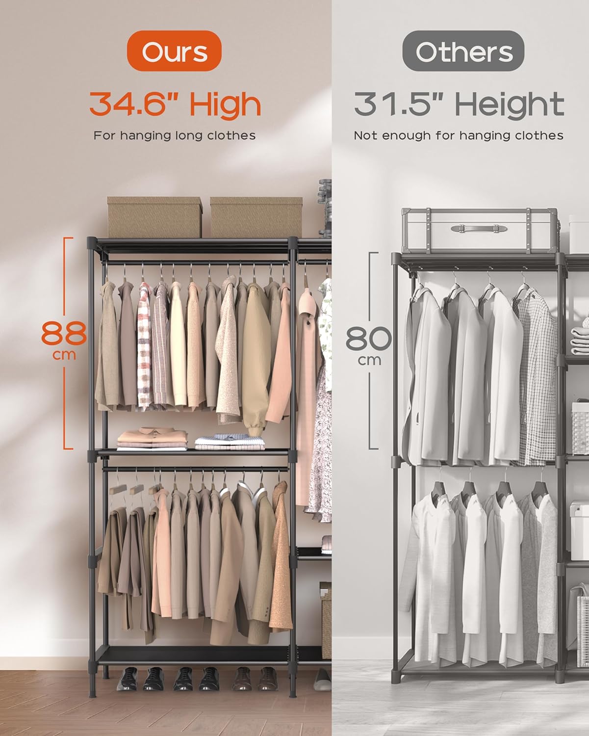 Clothes Rack, Portable Closet, 54.3 Inch Large Capacity Wardrobe Closet, Clothes Storage Organizer with Shelves and 3 Hanging Rods, Easy to Assembly, Black PCT022B01