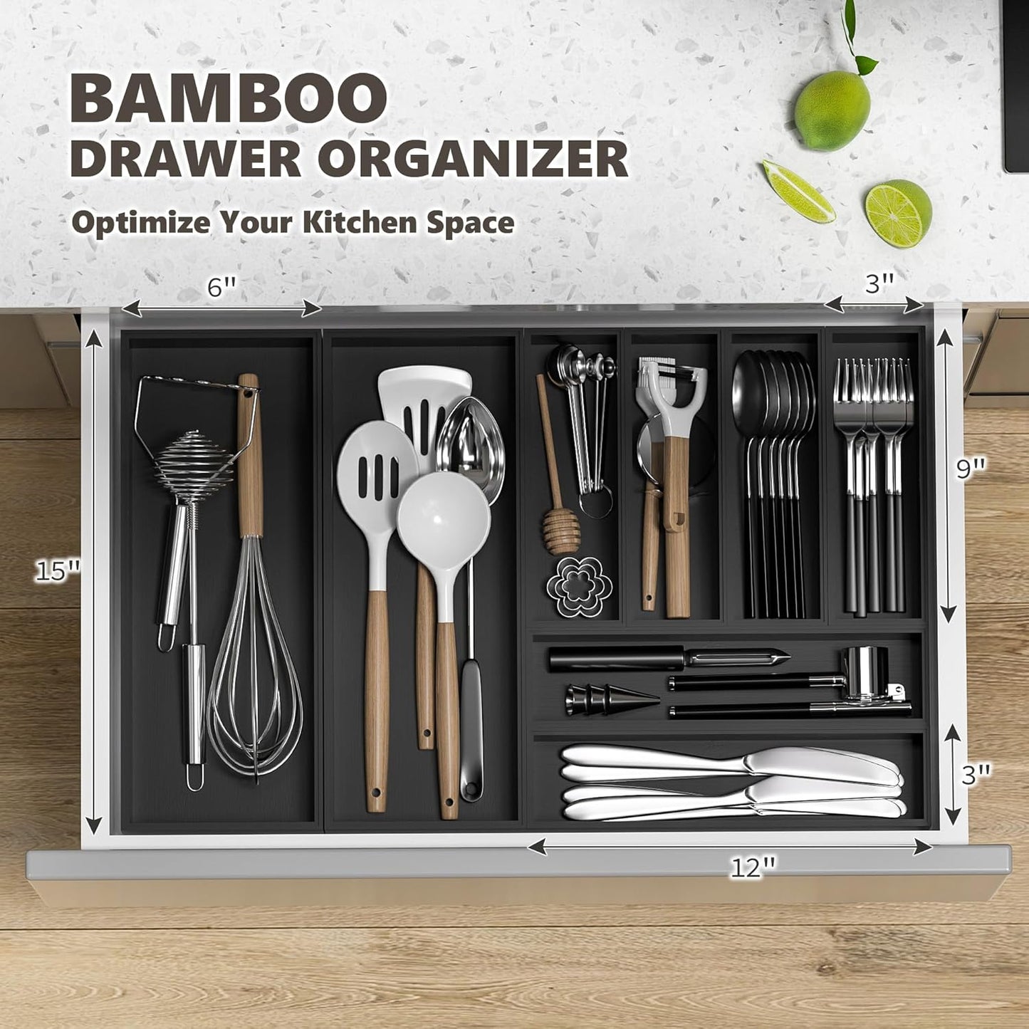 Kitchen Drawer Organizer Tray, Stackable Black Bamboo Drawer Organizer for Large Silverware, Utensils, Cutlery, Flatware, Junk, Dresser, Bathroom, 17" x 6" x 2.5" (Set of 2)