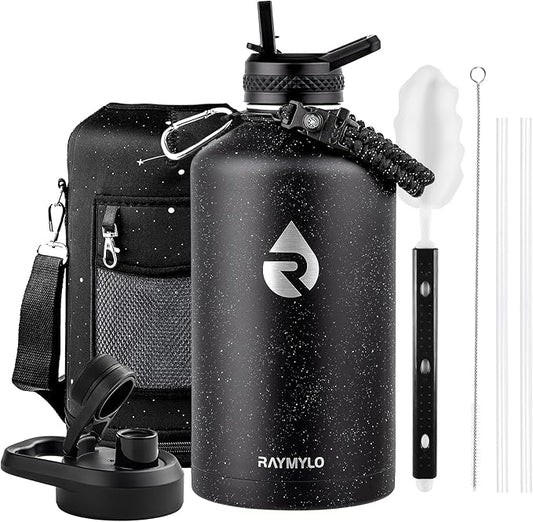 128oz Insulated Water Bottle, Triple Wall Vacuum Stainless Steel Water Bottles - Keeps Cold 48H, Reusable One Gallon Flask Jug for Gym, Sports, Camping, Hiking,Travel, Black Speckled
