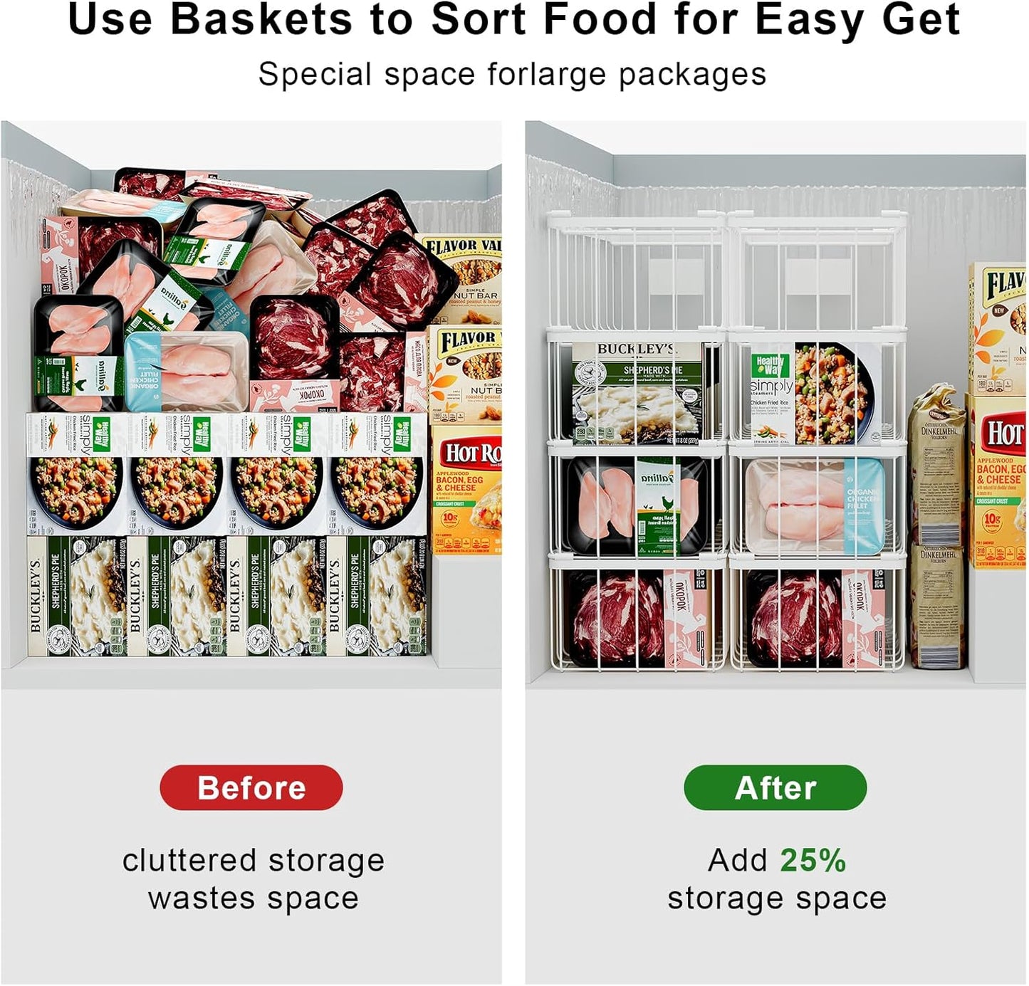Freezer Storage Organize Baskets - 8 Pack Stackable Deep Freezer Organizer Bins for Most 7 Cu.FT Chest Freezer with Handles, Sturdy but Light, Metal Coated, Add Space, Easy to Reach