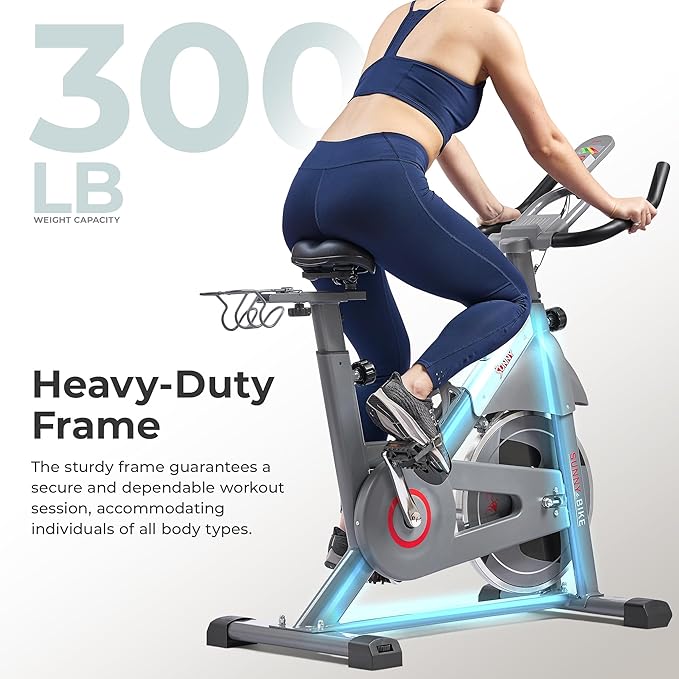 Sunny Health & Fitness Indoor Cycling Exercise Bike w/Adjustable Cushion Seat & Multi-Grip Handlebar, Stationary Workout Equipment For Adult Cardio Training, Optional Free SunnyFit App Connection