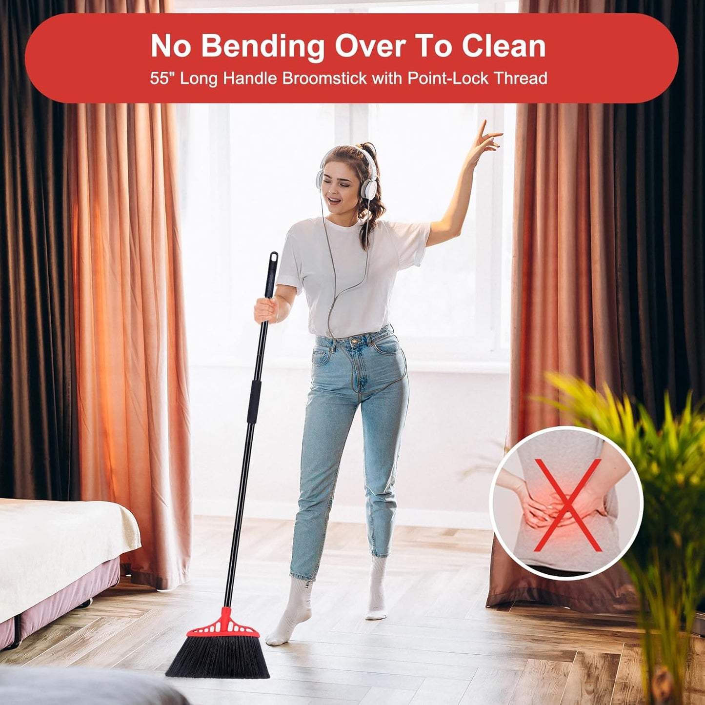 Heavy Duty Angle Broom - 55" Adjustable Iron Handle with Stiff Bristles - Commercial-Grade Indoor/Outdoor Broom for Garage, Patio, Kitchen, Sidewalk & Concrete Cleaning (Black & Red)