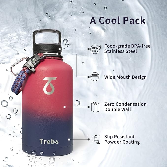 Trebo Insulated Water Bottle 64 oz, Half Gallon Metal Vacuum Water Jug with Paracord Handle and 3 Lids, Leakproof BPA-Free Flask for Gym Sports Hiking Travel, Keep Cold 48 Hours, Ruby Red