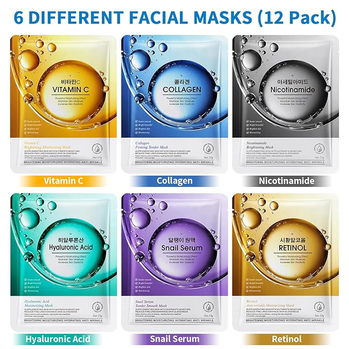 12 Pack Sheet Face Masks Skincare (Collagen, Hyaluronic acid, Snail, Retinol, Vitamin C, Niacinamide) Collagen Face Mask Hydrating Face Masks for Women Skin Care, Moisturizing, Brightening, Anti-Aging