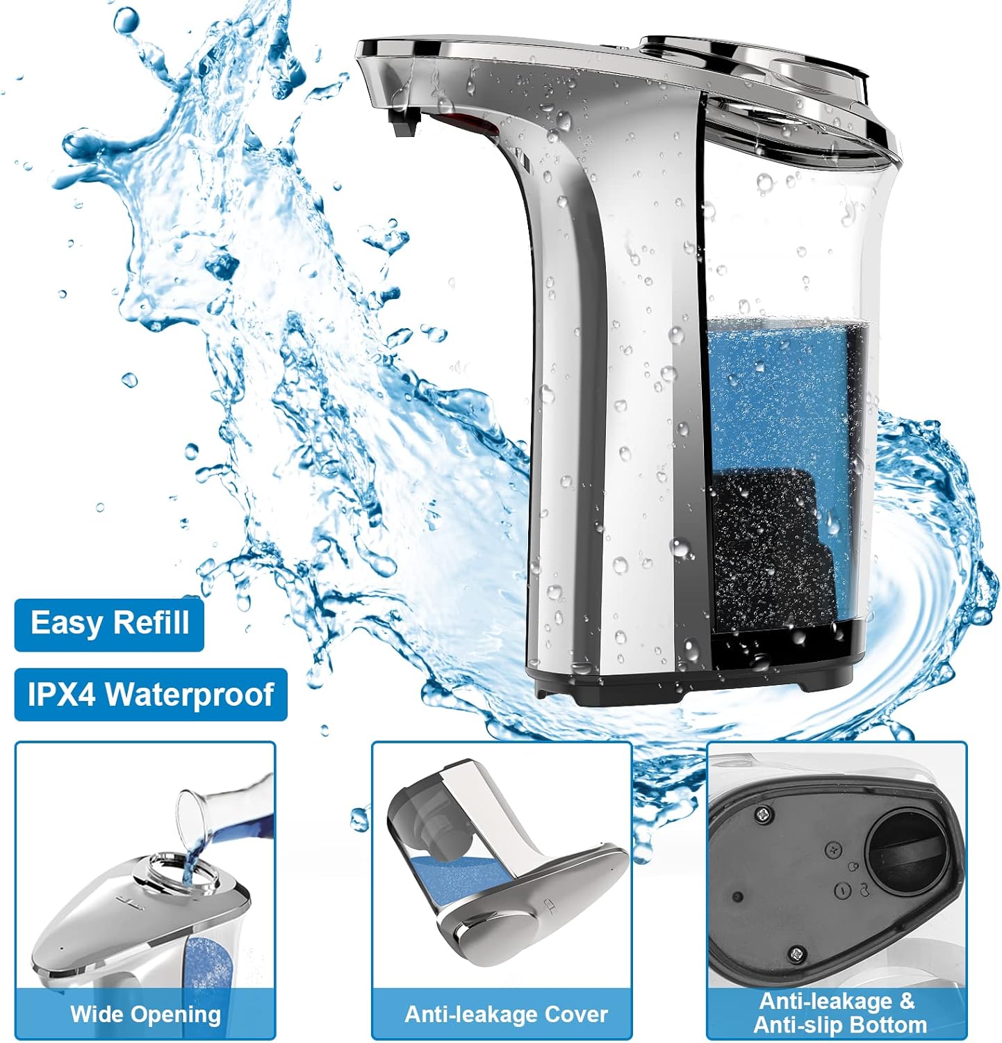 Automatic Soap Dispenser, Touchless Dish Soap Dispenser 17oz/500ml with Infrared Sensor, 5 Adjustable Soap Levels, Liquid Dispenser for Bathroom Kitchen (Silver)