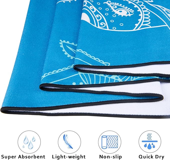 QiyI Yoga Mat Towel with Corner Pockets, Non Slip Sweat Absorbent Hot Yoga Towels, Soft Yoga Blankets with Travel Bag, Skidless Mat Cover for Workout, Gym, Fitness - 70"x26", Blue Mandala Elephant