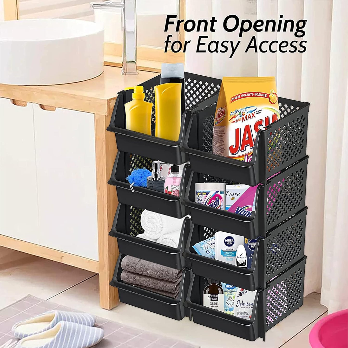 Skywin Plastic Stackable Storage Bins for Pantry - Stackable Bins for Organizing Food, Kitchen, and Bathroom Essentials (Black - 50 Pack)