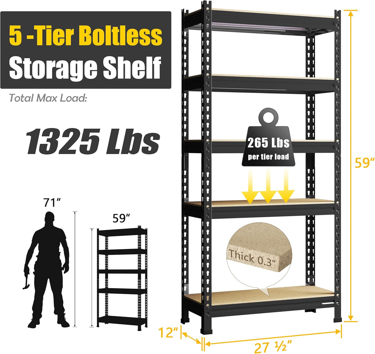 PrimeZone Storage Shelves 3 Pack 5 Tier Adjustable Garage Storage Shelving, Heavy Duty Metal Storage Utility Rack Shelf Unit for Warehouse Pantry Closet Kitchen, Black