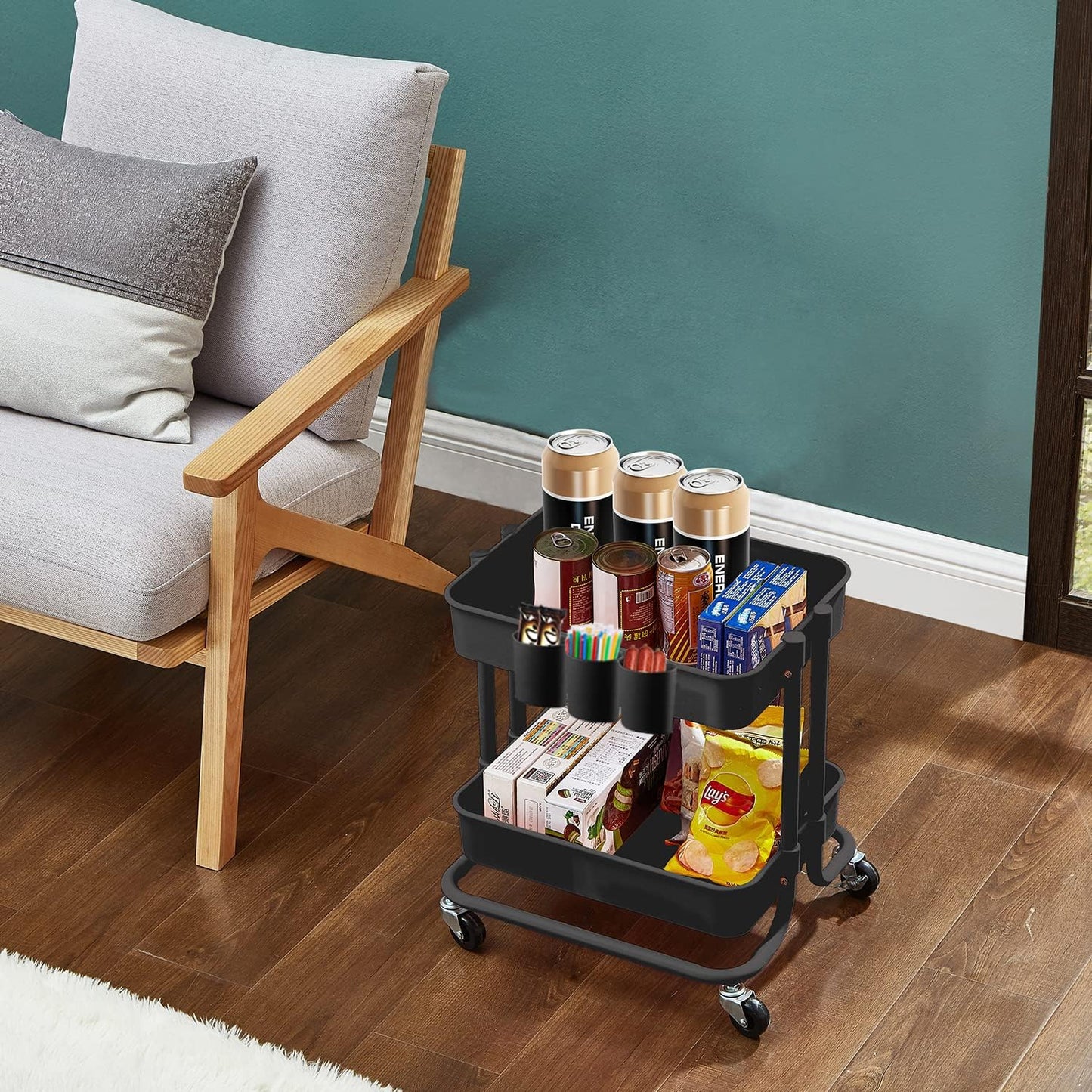 Melody House 2-Tier Utility Rolling Cart Storage Sofa Side Table with Wheels, Mobile Trolley Organizer with for Office Home Kitchen Organization, Black